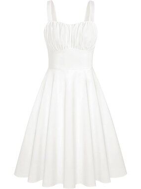 Women's White Vintage A-Line Midi Cocktail Dress Spaghetti Strap Tea Dress